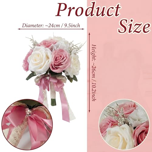Wedding Bouquets for Bride, Ivory White & Dusty Pink Bridal Bouquet | Realistic Silk Rose for Rustic Boho Church Ceremony, Proposal, Thanksgiving, Wedding Decor - color: Dusty Pink and Ivory White