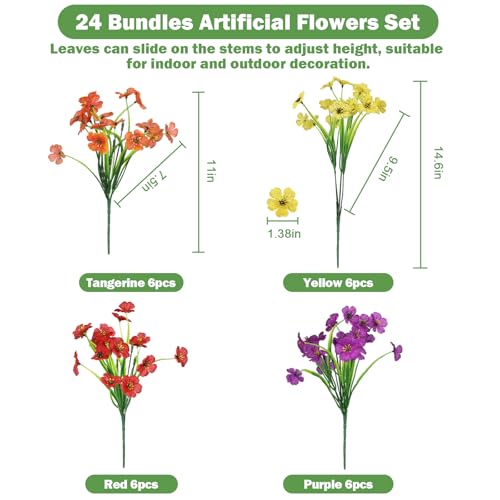Nepfaivy Artificial Flowers for Outdoors Uv-Resistant - 24 Bundles 4 Colors No-Fade Faux Flowers for Outdoor Planters to Decor Patio Porch Garden Yard, Silk Realistic Faux Outside Flowers Bulk - color: Purple Yellow Red Tangerine 24pcs