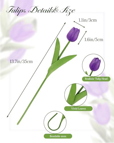 MACTING 30 PCS Artificial Tulip Flowers 13.7" Real Touch Fake Flowers Faux PU Tulips Bouquet for Floral Arrangements Table Centerpieces Kitchen Home Mothers Day Spring Easter Decorations,Purple - color: Purple