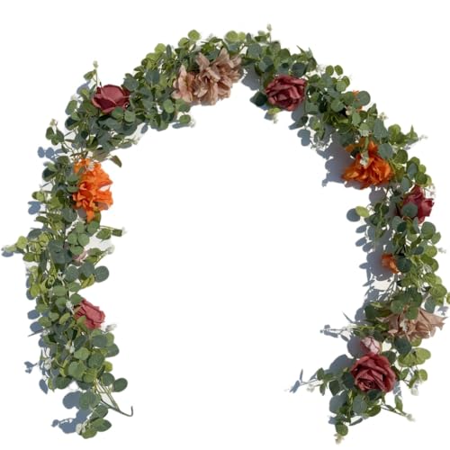 Artificial Flower Garland，6.5Ft Fake Dahlia Rose Floral Eucalyptus Greenery Garland Vine for Wedding Arch，Table Runner Centerpieces Backdrop Room Wall Hanging Plant Decor（Orange） - color: Orange