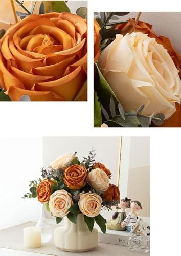 Silk Roses Artificial Flowers in Vase,Fake Flowers with Vase,Faux Flower Arrangement with Vase for Home Office Decoration, Dining Table Centerpiece - color: Orange