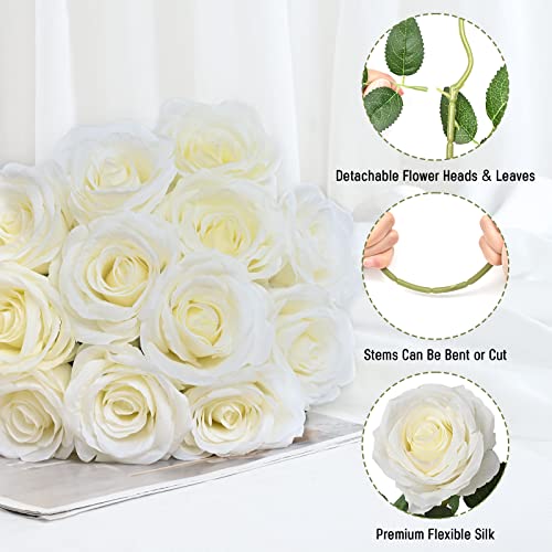 Waipfaru 16 Pcs Artificial Flowers Fake Silk White Roses Bulk, Faux Real Touch Roses Bouquet with Long Stem for Wedding Party Home Decor (White) - color: A-white, size: 16 Pcs