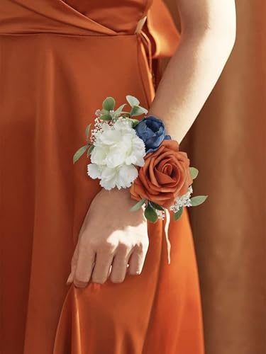 Rinlong 2Pcs Navy Terracotta Wrist Corsage for Wedding, Prom, Homecoming | Bridesmaid, Mother of the Bride Corsage - color: 12-navy & Terracotta