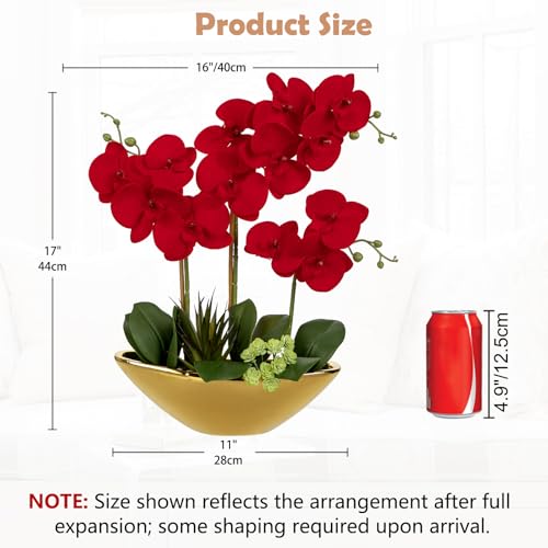 Briful Orchid Artificial Flowers 17in Red Fake Orchid Silk Flowers in Gold Ceramic Vase Faux Phalaenopsis Arrangement for Home Office Room Dining Table Centerpiece Modern Decor - color: Gold Red