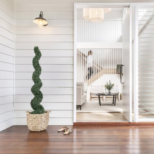 5ft Artificial Spiral Topiary Trees Outdoor Set of 2 – Faux Boxwood Bushes Shrubs, Fake Potted Plants for Front Porch Planter Indoor Outside Decor, UV Resistant 5 Foot - color: Dark Green, size: 5ft