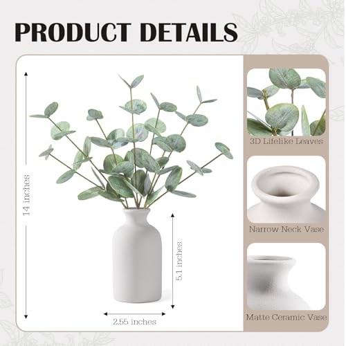 Artificial Eucalyptus Stems in Ceramic Vase, 14'' Fake Plants Greenery Stems for Home Decor Eucalyptus Plant for Bathroom Farmhouse Room Coffee Table Centerpiece Desk Shelf Faux Branches Decorations - color: Green Eucalyptus - White Round Ceramic Vase