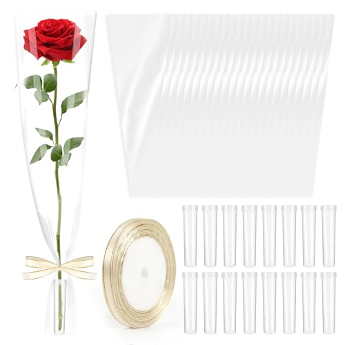 Wzifyf 50 Pcs Flower Water Tubes with 50 Pcs Clear Single Rose Sleeve Holder for Bouquets with 72 Ft Ribbon Flower Vials Individual Single Stem Floral Wrapping Bag for Mother's Day Florist Supplies - color: Clear, size: single flower wrap