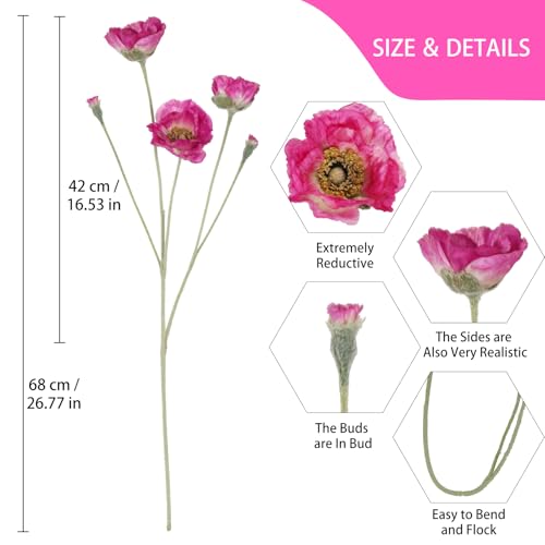 6PCS Fuchsia Poppy Flowers Artificial 30 Heads Faux Poppy Flowers 26.77in Silk Flowers with Long Flocking Stems for Wedding Party Home Office Decoration(Fuchsia) - color: Hot Pink