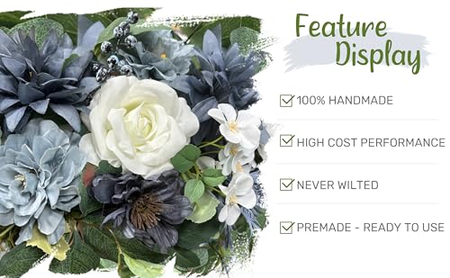 Wedding Arch Flowers with Drapes Kit (Pack of 5) - 2pcs Artificial Dusty Blue & Cream Deluxe Swag with 3pcs Hanging Drapes for Wedding Ceremony Arbor Reception Backdrop Rose Floral Decorations - color: Dusty Blue & Cream