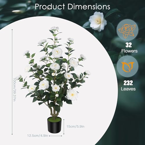 2Pack 39.37"/3.28FT Artificial Camellia Trees with 32 Flowers in Cement Pots – Lifelike Fake Trees for Front Porch, Home, Indoor Outdoor Spring Decor, Office or Housewarming Gifts (White) - color: White, size: 39.37 inchx2