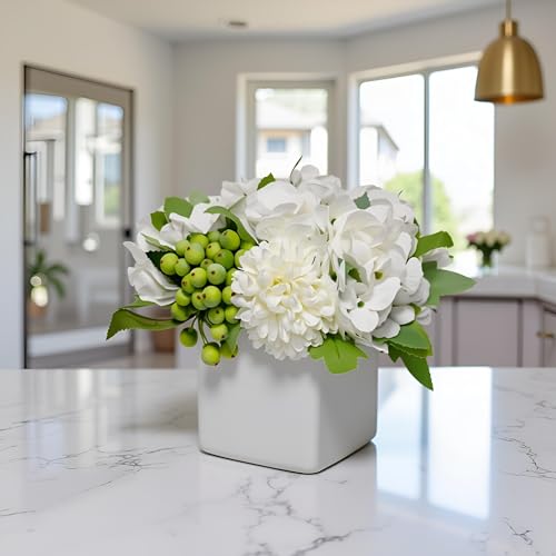 LADADA Flower in Ceramic vase, Artificial Hydrangea Flower Arrangement and vase Home Decoration Artificial Flower (White) - color: White Hydrangea