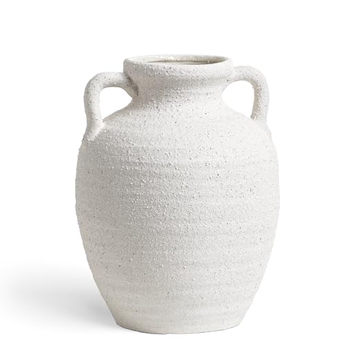 White Ceramic Vase with Handles, 9.5" Large Farmhouse Flower Vase - Rustic Centerpiece for Living Room, Bookshelf, Mantel, Entryway, Table & Wedding Home Decor (Rock Sand White) - color: 9.5 Inch-rock Sand White