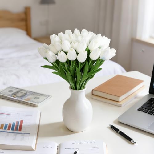 20Pcs White Artificial Tulips Flowers - 13.5" Tall Real Touch Fake Tulips for Spring Home Decor Wedding Centerpiece DIY Bouquet & Outdoor Garden Decoration