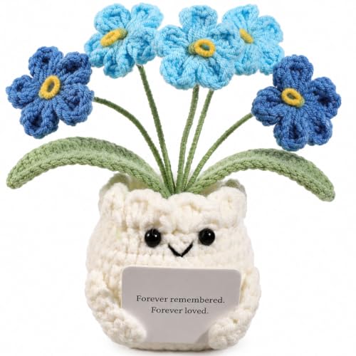 YOOJEE Handmade Crochet Forget Me Not Flower Pot Sympathy Gifts for Loss | Grief Support Gift, PET gift box, Meaningful Blue Forget Me Not Flower, Memorial Gift, Home & Desk Decor Gift Idea - color: E-Sympathy-Blue