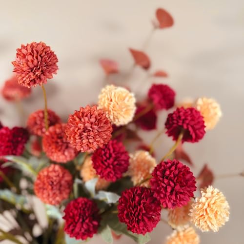 RyddeligHome Fall Flowers, Burnt Orange Faux Kiku Flowers Artificial 10 Stems + Eucalyptus, Fake Red Orange Mums Floral Centerpiece, Terracotta Mini Balls Faux Stems for Vase, Decoración de Otoño - color: Mixed Orange