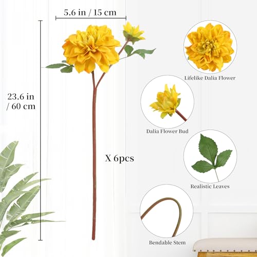 6pcs Large Artificial Dahlia Flowers Yellow Faux Dahlia Silk Flowers with Long Stem for Wedding Bouquets Anniversary Party Floral Arrangements Home Tables Decoration（Yellow - color: Yellow