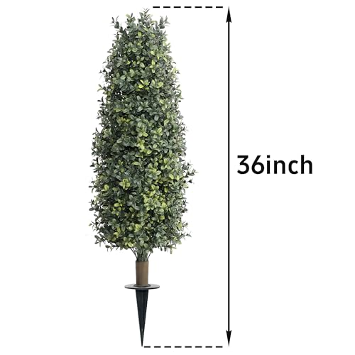 36" Artificial Boxwood Topiary Trees with Ground Spike Set of 2, Outdoor 3ft Faux Boxwood Topiaries Cone Bushes Trees Fake Shrubs Plants Front Porch Decor Outside Garden - size: Boxwood 36 inch