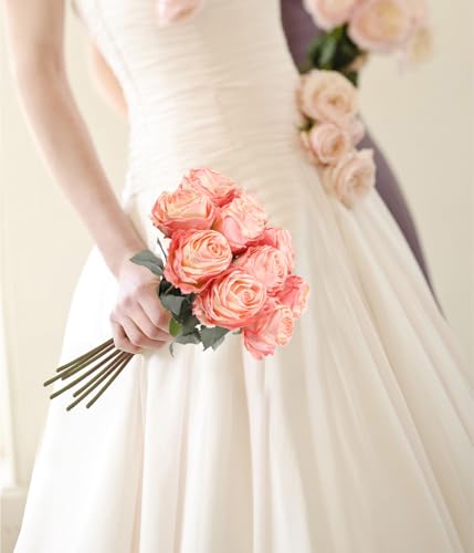 IPOPU 10PCS Roses Artificial Flowers Silk Flowers with Long Stem Fake Roses for Valentine's Day Wedding Bridal Bouquets Floral Arrangement Table Centerpieces Home Decoration(Peach) - color: Peach