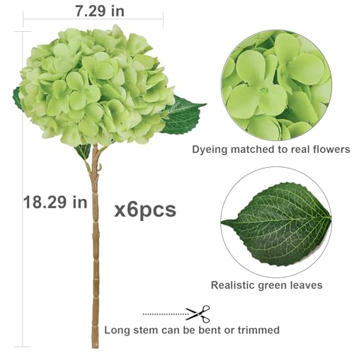 6PCS Green Hydrangea Artificial Flowers arrangments, Bulk Silk Fake Flower with Stems, Faux Hydrangeas Bouquets for Home Décor, Wedding, Party, and Office Table Centerpieces. - color: Green