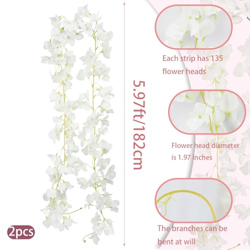 2 Pcs Artificial Bougainvillea Flowers Garland Fake Silk Bougainvilleas Vines Trailing White Faux Hanging Flowers Plants Bougainvillea Artificial for Porch Wedding Arch Spring Summer Decor - color: White