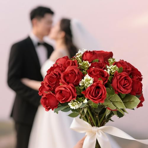 8 Pcs Wedding Bouquets Bulk 12 Inch Fake Silk Roses Flowers Bunches Red Artificial Rose Bouquet for Bride Bridesmaid Parties Garden Home Office