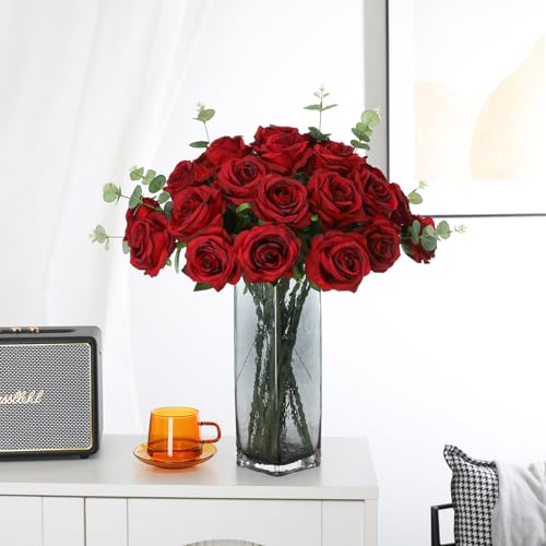 Tifuly Red Roses Artificial Flowers - 12 pcs Realistic Long Stem Fake Roses Faux Silk Flowers for DIY Bouquets Wedding Centerpieces Arrangements Home Party Decor（Burgundy） - color: Burgundy