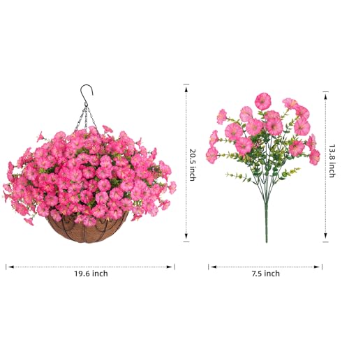 Artificial Faux Hanging Flowers Plants Baskets for Outdoors, Fake Silk Morning Glory Eucalyptus in Planter UV Resistant Realistic Outdoor Flowers for Outside Porch Patio Balcony Garden Yard Home Decor - color: Pink 2