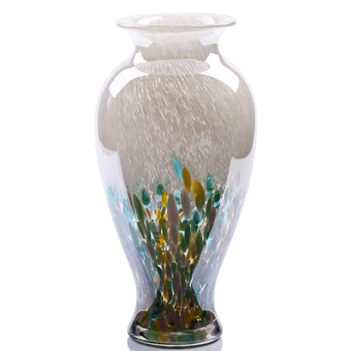 11.8" Tall Blown Green Glass Vase, Colorful Opaque Glass Vase, Unique Design Wide Mouth Art Decoration for Home, Living Room, Dining Table, Pampas Grass Decor (Green) - color: Green