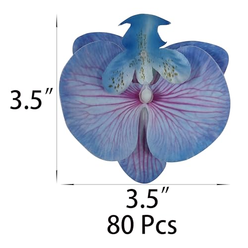 Fake Blue and Red Stripes Orchids Artificial Flowers Heads, 3.5''Fake Orchid Heads for Wedding Floral Bouquet Decor DIY Craft Making Bridal Shower Photography Props (80, Blue+red Stripe) - color: Blue+red Stripe