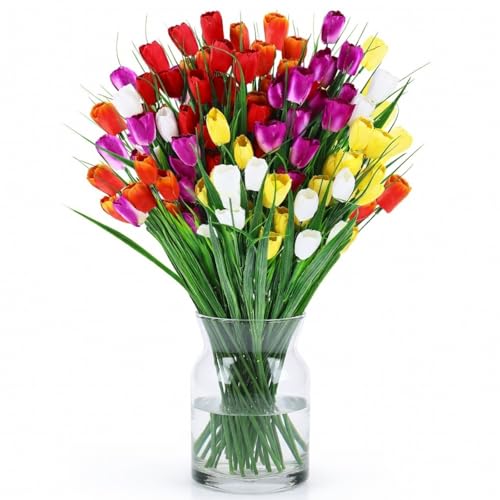 Yungyan 20 Bundles 100 Pcs Fake Tulips Wedding Centerpieces Artificial Flowers No Fade Faux Plastic Flower Arrangement for Bridal Shower Ceremony Home Decor(Red, Yellow, Orange, White, Purple) - color: Red, Yellow, Orange, White, Purple