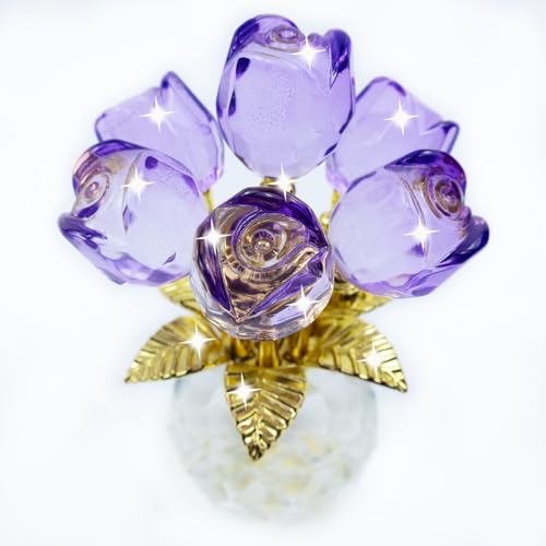 TWINKLING Crystal Roses Figurine with Round Vase, Glass Rose Crystal Flowers Bouquet, Birthday, Anniversary,Wedding, Home Décor,Gold Leaf (Purple) - color: Purple(gold Leaf)