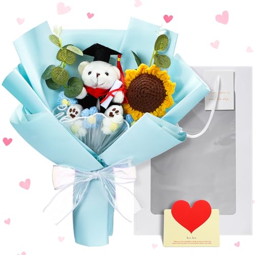 Graduation Crochet Flower Bouquet Set Includes Stuffed Bear Knitted Sunflower Daisy Eucalyptus Greeting Card Gift Bag 2026 Blue Flower Bouquet Graduation Gift - color: Blue, style: Stuffed Bear and Sunflowers