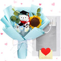 Graduation Crochet Flower Bouquet Set Includes Stuffed Bear Knitted Sunflower Daisy Eucalyptus Greeting Card Gift Bag 2026 Blue Flower Bouquet Graduation Gift - color: Blue, style: Stuffed Bear and Sunflowers