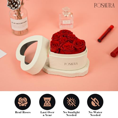 Rosaura Heart-Shaped Preserved Roses Gift Box - Real Forever Flowers for Christmas, Birthday, Valentine's & Mother's Day (red, 7 roses) - color: red, size: 7 roses