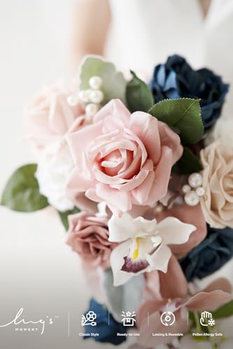Ling's moment Fake Flowers Box, Faux Artificial Greenery Stems Foam Roses Silk Orchid Ranunculus Fabic Flower for Centerpieces Bouquet Wedding Vase Decorations, Dusty Rose & Navy, Grand Combo - color: Pk-dusty Rose & Navy, size: Grand