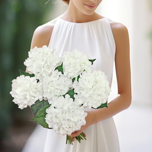 6PCS White Hydrangea Artificial Flowers, Bulk Silk Fake Flower with Stems, Faux Hydrangeas Bouquets for Home Décor, Wedding, Party, and Office Table Centerpieces. - color: White