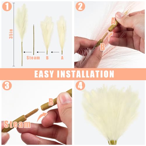 obbsie 35" Faux Pampas Grass Decor, 8pcs Large Tall Fluffy Artificial Pompous Grass Branches Floral Fake Pompas Grass Bulrush Floor Vase Filler Flower Arrangement for Home Wedding Boho Decor Beige - color: Beige, size: 8 PCS