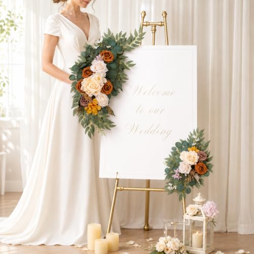 AitnWoy Artificial Wedding Arch Flowers Kit 2 PCS Dust Rose Flowers Silk Peony Floral Swag Welcome Sign for Wedding Ceremony Party Home Garland Decor - color: Brownish, size: 28" + 11"