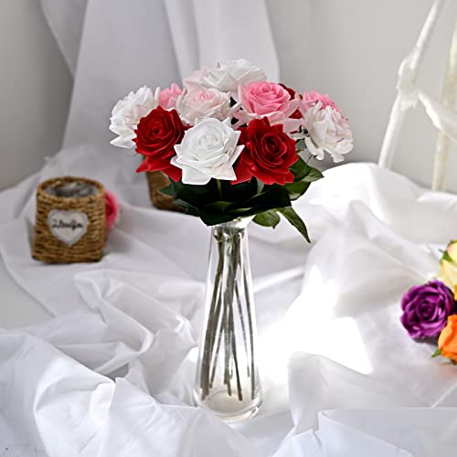 ZMZQ&flw Roses Artificial Flowers 12PCS, White Red Pink Mix Real Touch Silk Flowers, Realistic Single Fake Flower with Individual Stems Leaves - color: Mixed Colors 12pcs