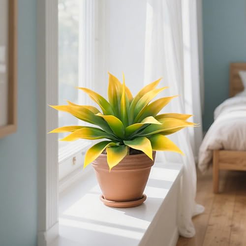 Artificial Agave Faux Agave Fake Greenery Outdoor Artificial Plants Fake Plants for Indoor Home Decoration Plastic Plants Outdoor Decor Front Porch Decor Simulation Plants 18In(Yellow) 2Pack - color: 18''yellow
