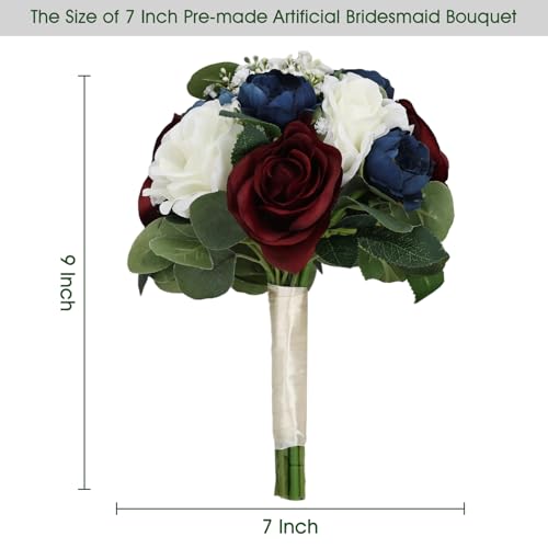 Set of 4 Bridesmaid Bouquets, 11 Inch Wedding Artificial Flower Bouquets for Wedding Ceremony Bridal Shower Decorations - Burgundy & Navy Blue - color: Burgundy & Navy Blue, size: Set of 4 Bouquets
