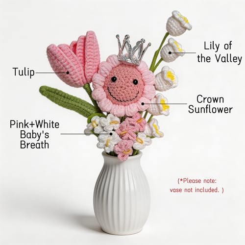 Pink Sunflower Tulips Crochet Flowers Bouquet Handmade Knitted Artificial Flowers Home Decor Graduation Mother's Day Birthday Anniversary Wedding Gift for Wife Lover Teacher Friends with Card - color: Flowers015