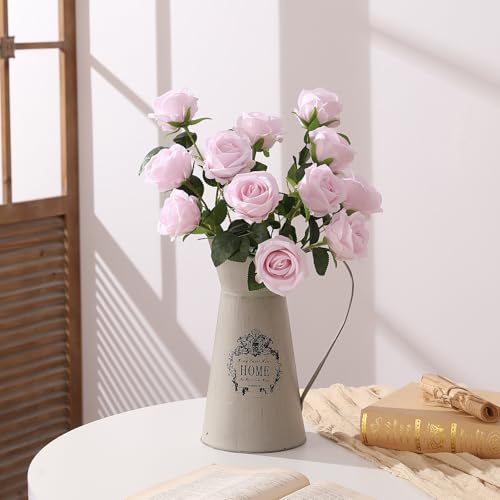 Hawesome 12PCS Artificial Flowers Fake Roses, Realistic Velvet Long Stem Red Roses Bouquet for Wedding Centerpiece Home Decor Party & Valentines (Light Pink) - color: Pink