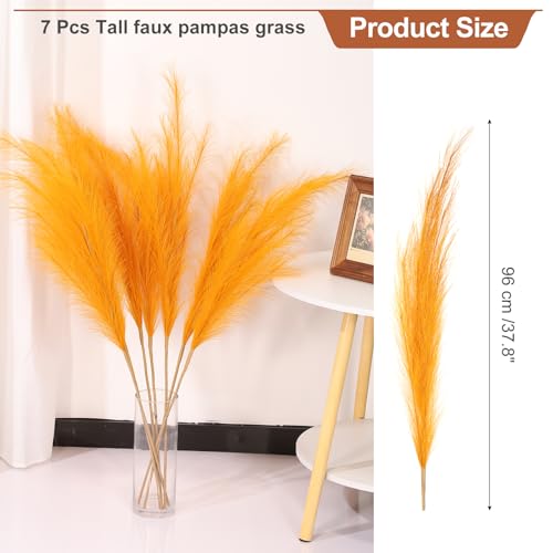 PATIKIL 37.8in Tall Pampas Grass Decor, 7pcs Large Artificial Pampas Grass Bulk Long Fluffy Faux Pampas Grass Dried for Home Boho Decor Vase Wedding Wall Ground, Orange - color: Orange