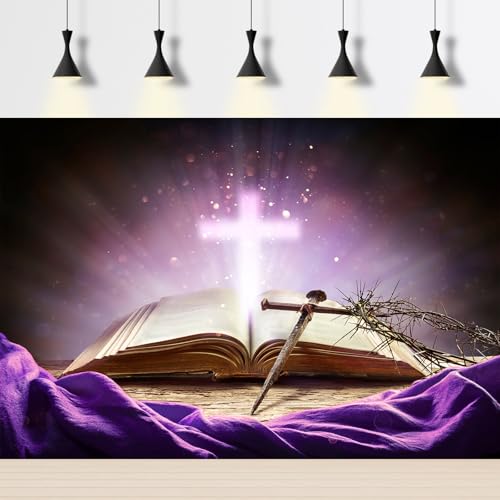Holy Bible Cross Backdrop Purple Holy Light Glowing Crucifix Crown of Thorns Photography Background God Belief Jesus Christ Biblical Backdrop Christian Church Sanctuary Easter Background 5x3ft - color: Purple, size: 5x3ft