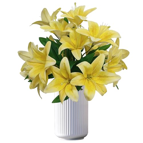 Artificial Yellow Lilies Flowers,10Pcs Faux Lily Flower,20''Tiger Lily Branch with 2 Full Blooms , Faux Fake Lilies Plants for Wedding Bouquet Home Party Indoor Floral Arrangements (10, yellow) - color: Yellow