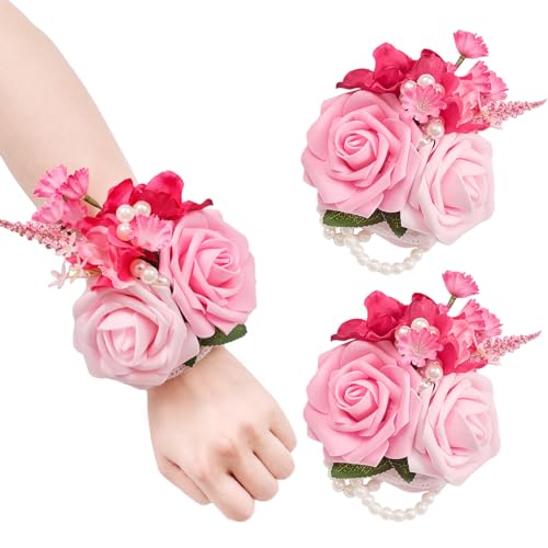 TINGE TIME Set of 2 Wrist Corsage (HotPink) - color: Hotpink