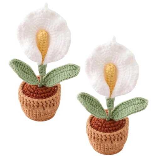2 Pieces Mini Crochet Calla Lily Potted Plants, Handmade Knitted Fake Calla Lily with Planter for Bathroom Home Kitchen Rustic Table Centerpiece Decor, White - color: White
