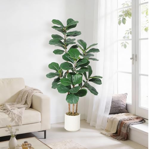 5FT Artificial Fiddle Leaf Fig Tree – Potted in Decorative White Planter, Natural Large Fake Plant for Home Décor, Indoor House Plant for Living Room, Bedroom, Office - color: Green 5ft