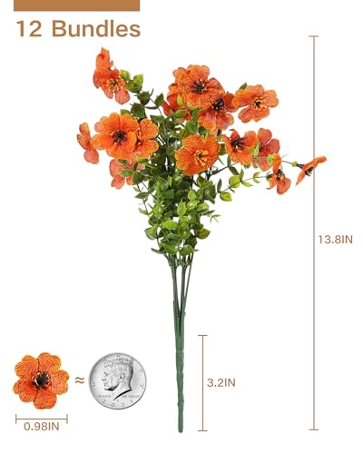 Fall Flowers Artificial for Decoration, Faux Mums for Outdoor Planters, 12 Bundles Fake Mums for Home, Orange Flowers for Thanksgiving, Front Porch Fall Decor, Garden Patio Home Aesthetic - color: Orange
